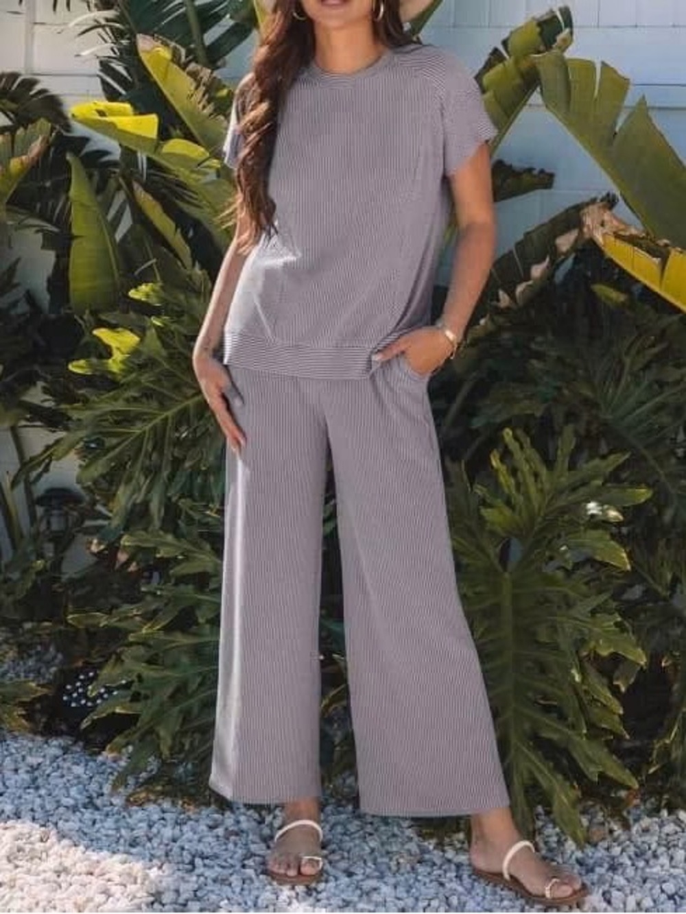 Casual Wide-Leg Stripe Pants - Gray